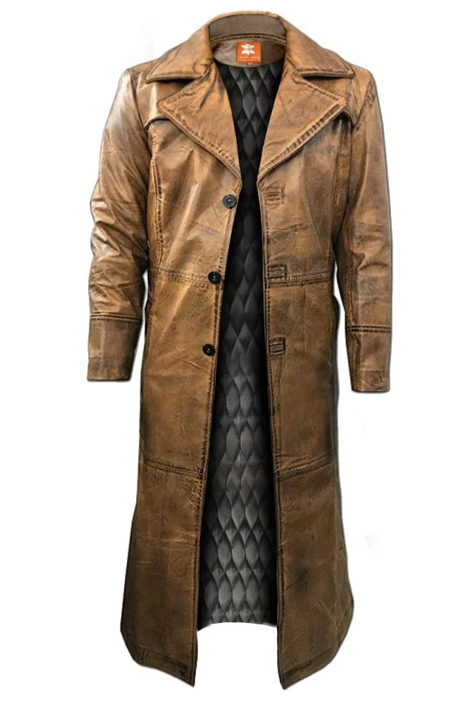 Trench marrone da uomo, pelle invecchiata, cappotto lungo sotto il ginocchio, cappotto in pelle di agnello originale