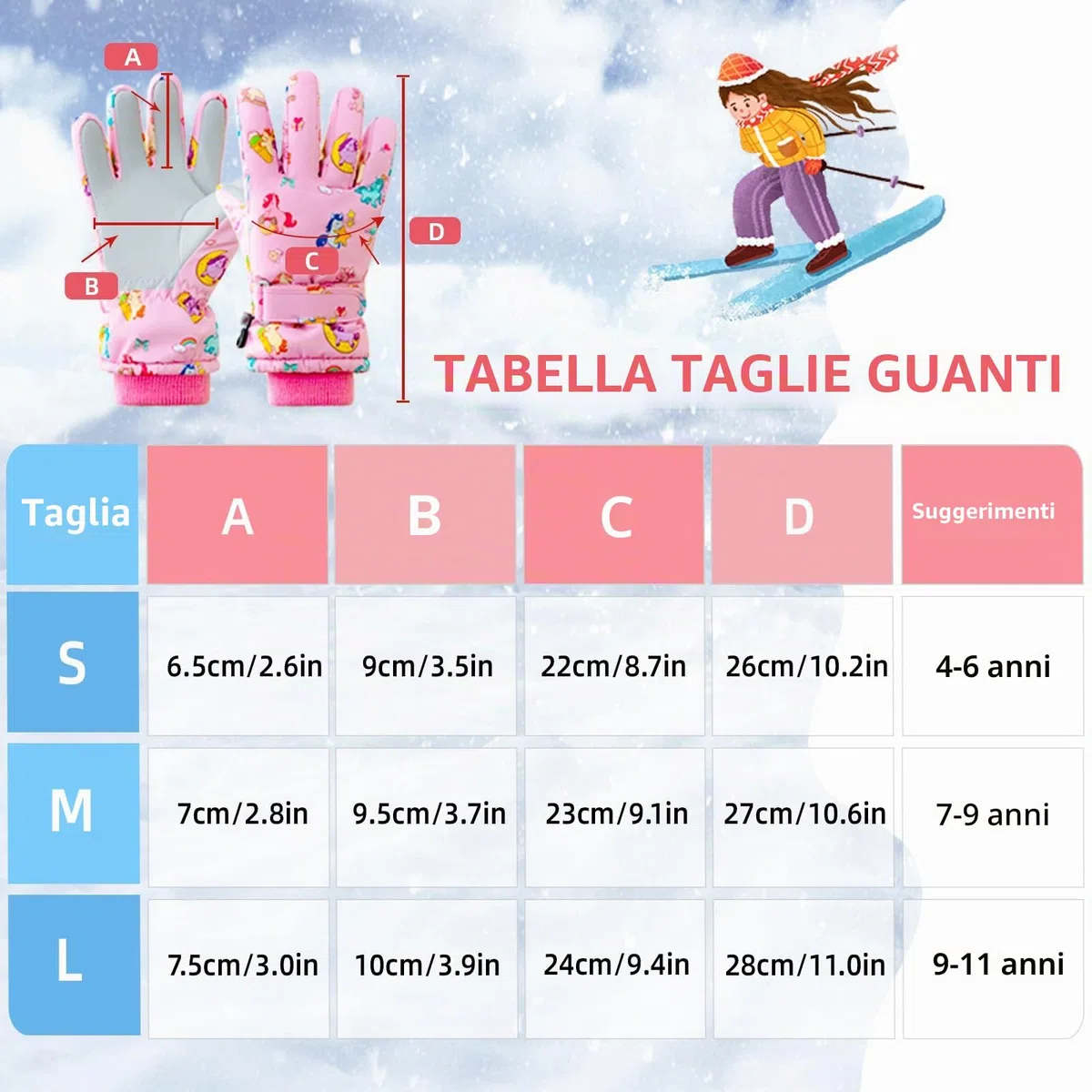 Vihir Guanti da Sci per Bambini, Guanti da Neve Bambina, Guanti Sci Invernali per Bambino Termico Antivento Impermeabile Antiscivolo Traspirante per Ragazze e Ragazzi di 4 a 11 anni