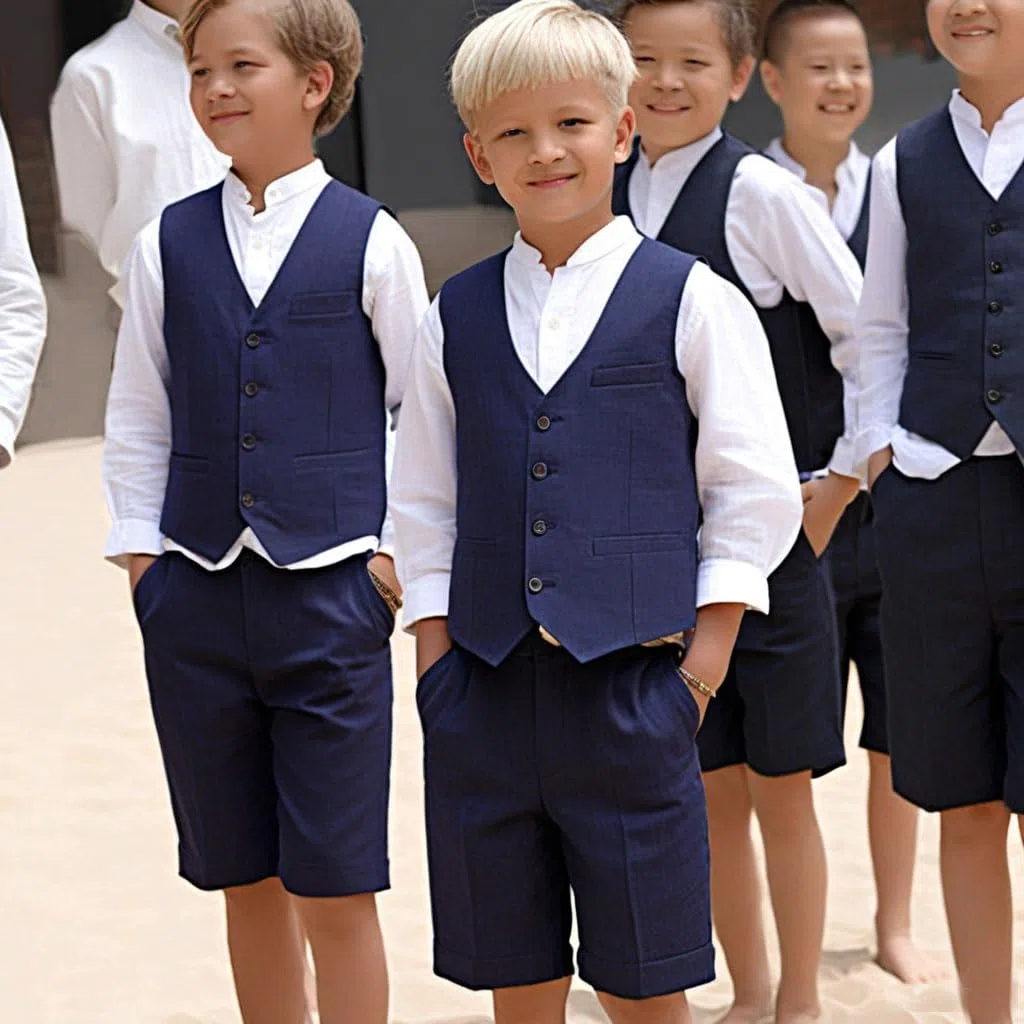 Set da smoking per bambini in lino, 2 pezzi, con gilet e pantaloni corti, per l'estate, spiaggia, matrimonio, per bambini