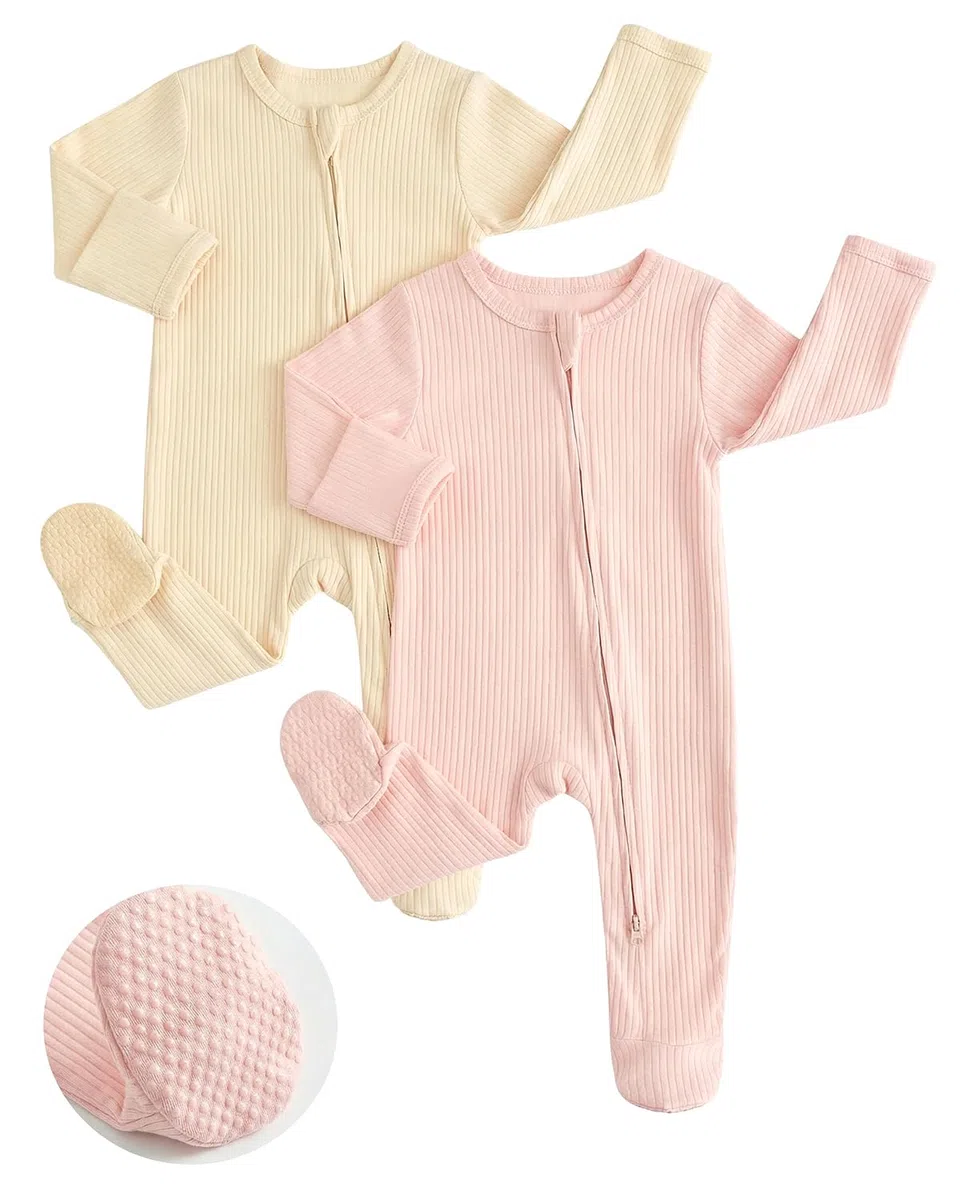 JiAmy Baby Neonato Pagliaccetto in Cotone Confezione da 2, Bambino Pigiama Ragazze Ragazzi Tutine, Neonato in Cotone Pagliaccetto Tutina a 2 Vie Cerniera a Piedini Pigiami Interi