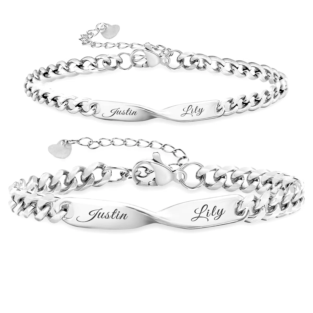 Set di bracciali a catena per coppie con simbolo dell'infinito personalizzato, incisione del nome personalizzabile,coordinato con i gioielli per lui e per lei