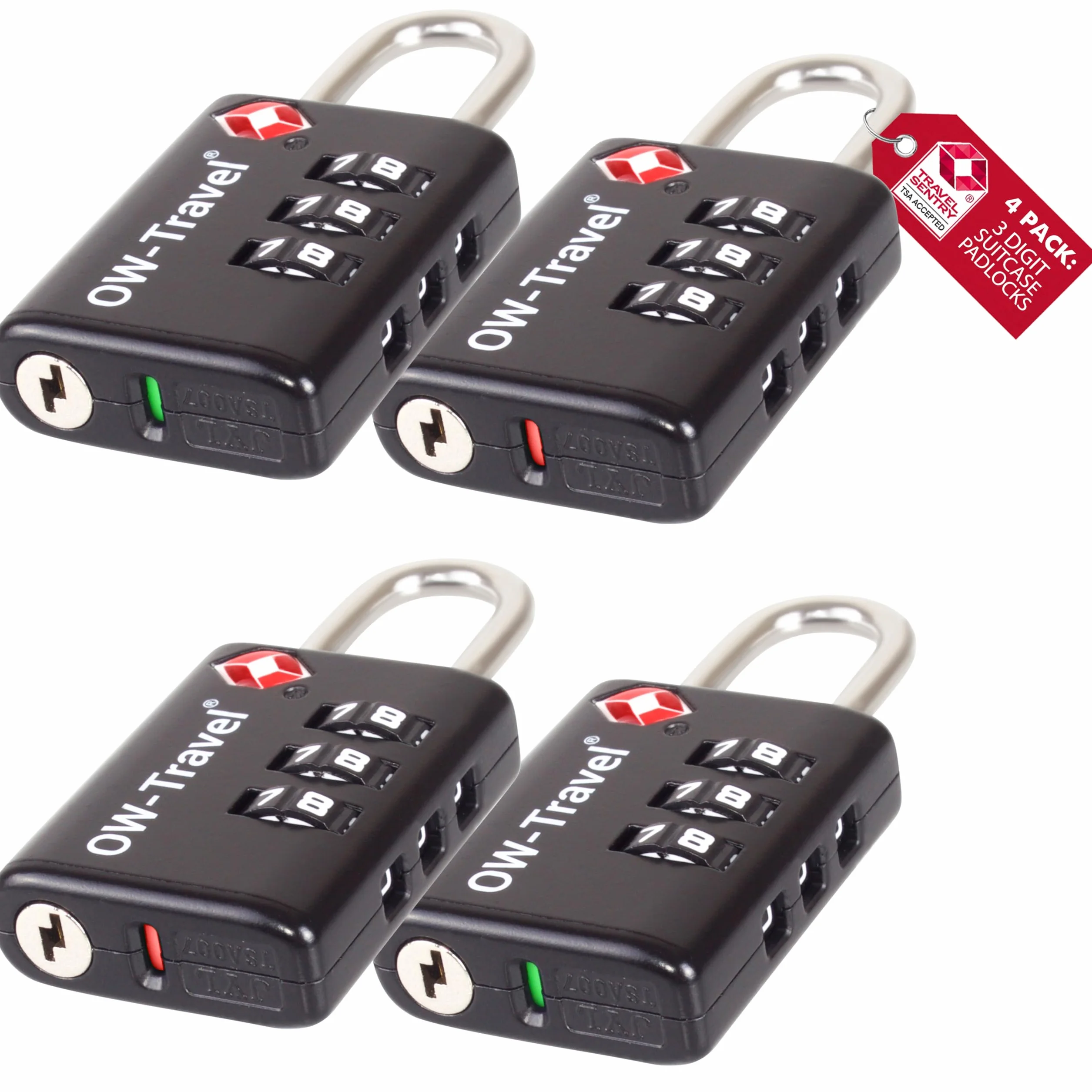 OW-Travel Lucchetto Combinazione Valigia con Indicatore di Apertura TSA per Valigie e Bagagli. Lucchetto Armadietto Palestra e Zaino. Lucchetti TSA per USA a Codice. Serratura Nera 4 Pezzi