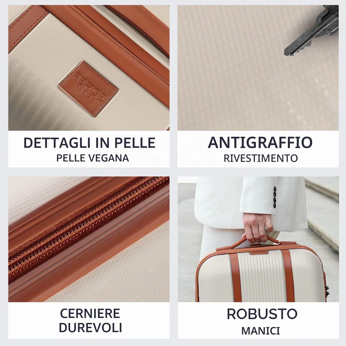 FERGÉ set di 3 valigie viaggio MILANO - bagaglio rigido dure leggera 3 pezzi valigetta 4 ruote beige