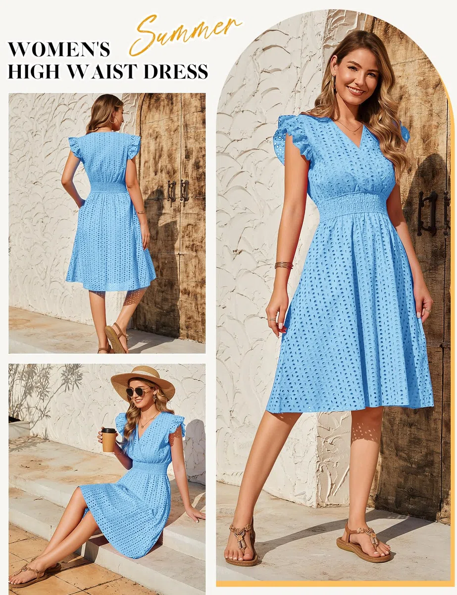 Abito Estivo Donna Scollo a V Vestito Donna Cotone Senza Maniche con Volant Elegante Vestiti Estivi Corti Jacquard Leggero Abiti Vita Alta Mare da Spiaggia con Tasche Casual Moda