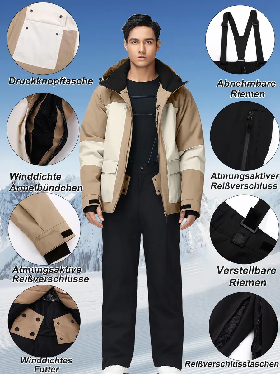 HOTIAN Set giacca e pantaloni da sci da uomo, traspirante, impermeabile, antivento, con cappuccio rimovibile, set da snowboard