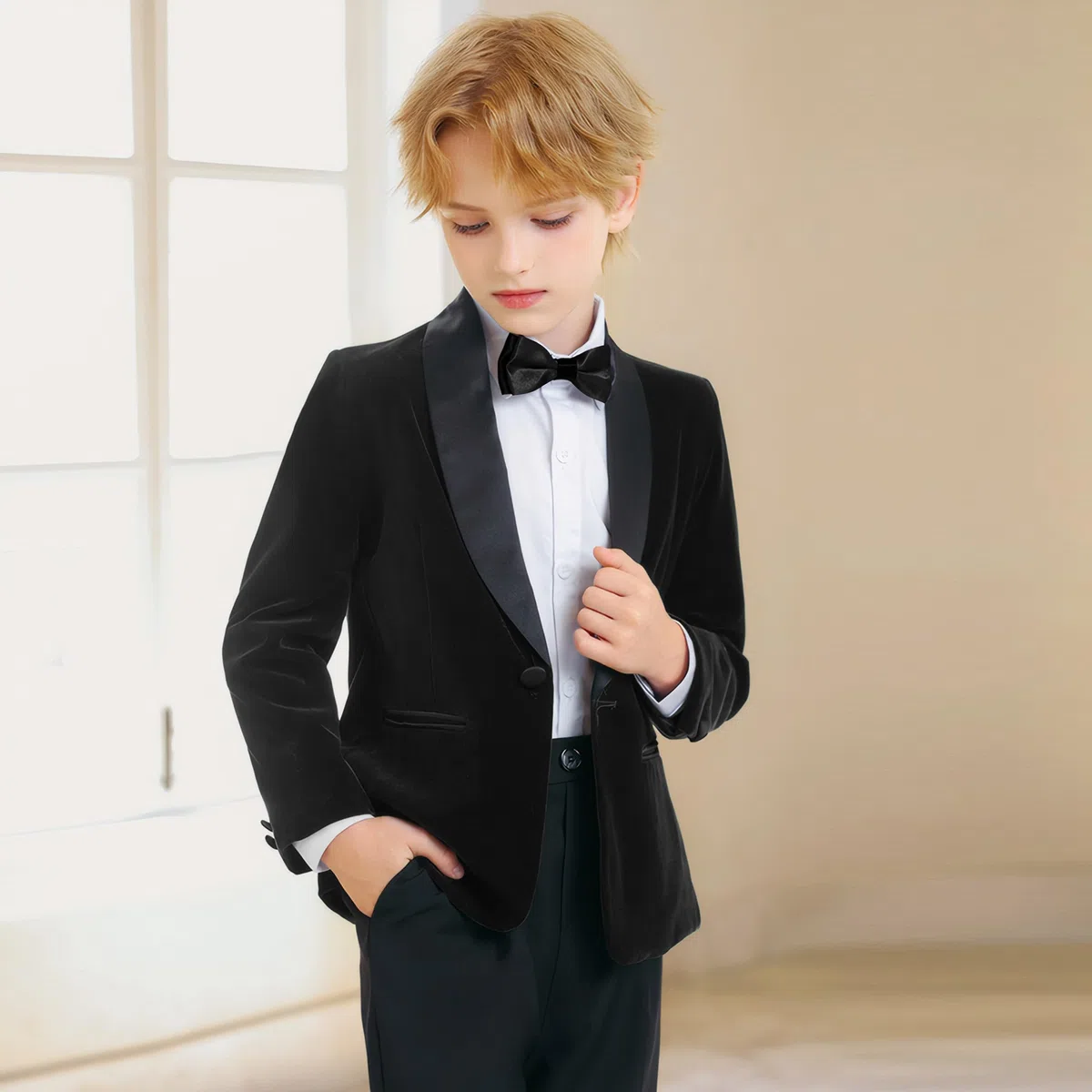 LOLANTA Abito di Velluto per Bambino, Set Formale in 4 Pezzi per Cerimonie, Matrimoni e Balli di Fine Anno con Blazer, Pantaloni, Camicia e Papillon