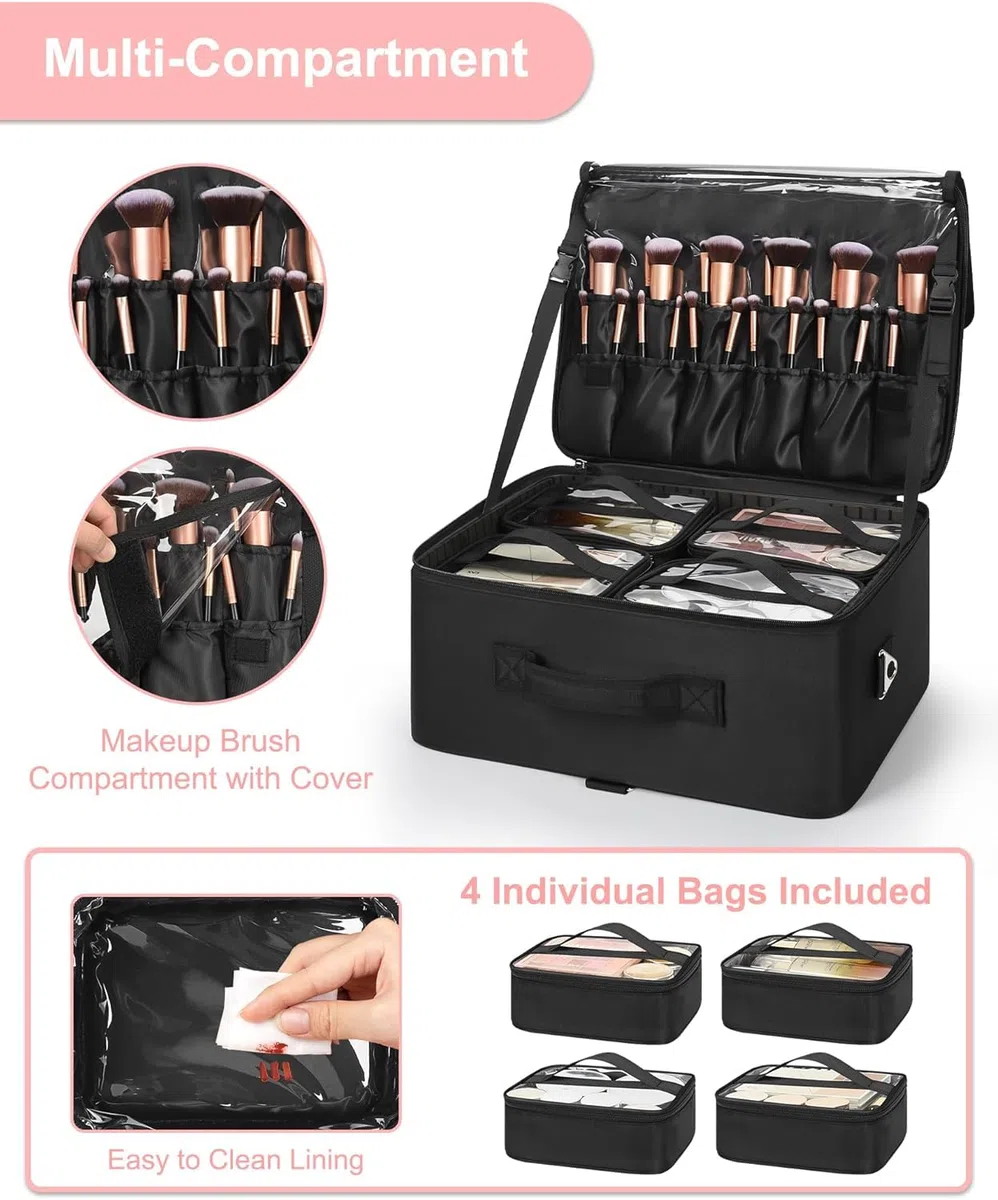 Relavel Valigetta da trucco XXL professionale organizer portapennelli 4 tasche trasparenti piastra rossetto tracolla scomparti regolabili