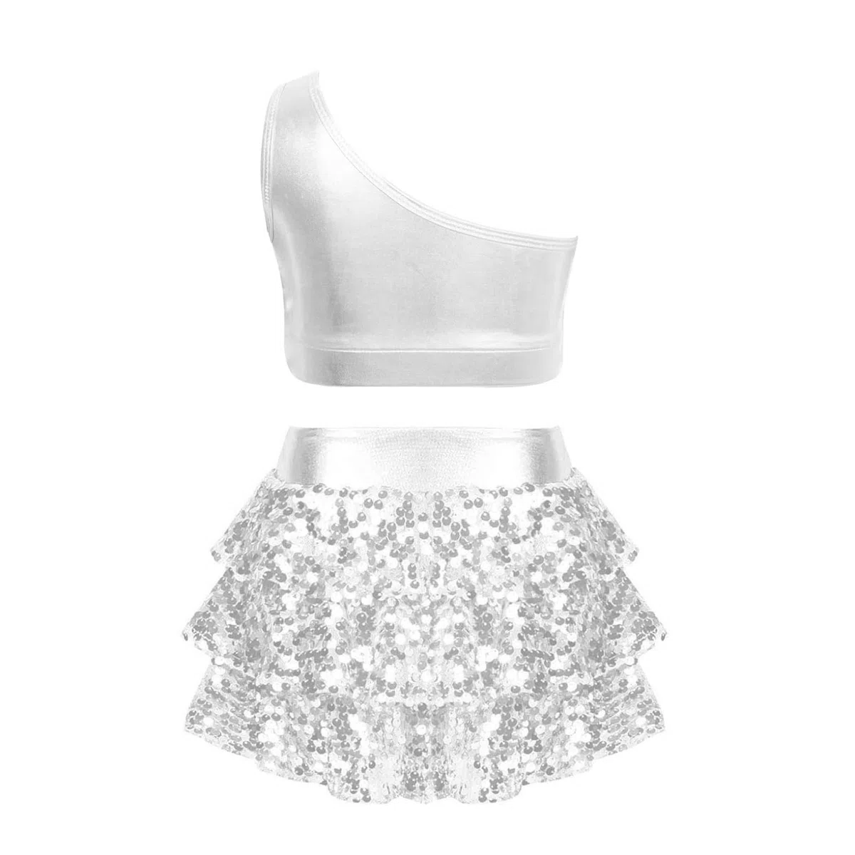 Freebily Vestito da Ballo Bambina Latino Americano Monospalla Abito da Ballo Tango Paillettes Crop Top Canotta + Gonna di Danza Classica Culottes Vestito da Pattinaggio Jazz