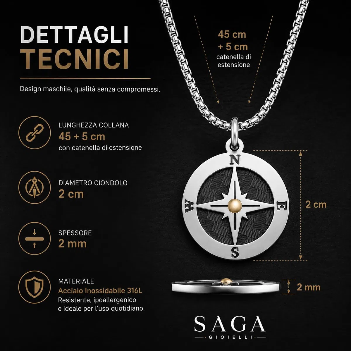 SAGA GIOIELLI Collana Uomo Rosa Dei Venti Acciaio Punto Dorato Festa Del Papà Cofezione Regalo