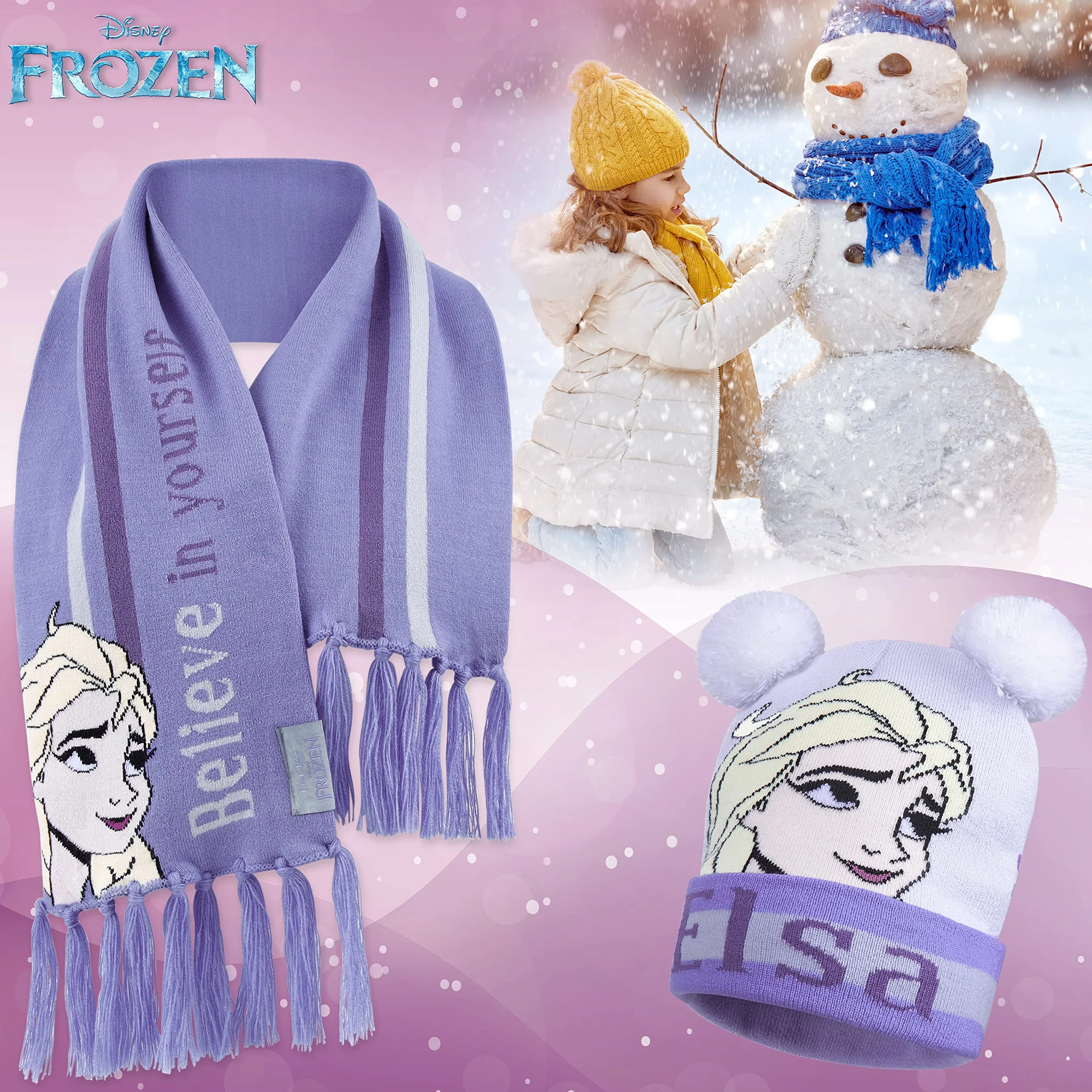 Disney Cappello Bambina Elsa Frozen, Set Invernale Cappello, Sciarpa, Guanti
