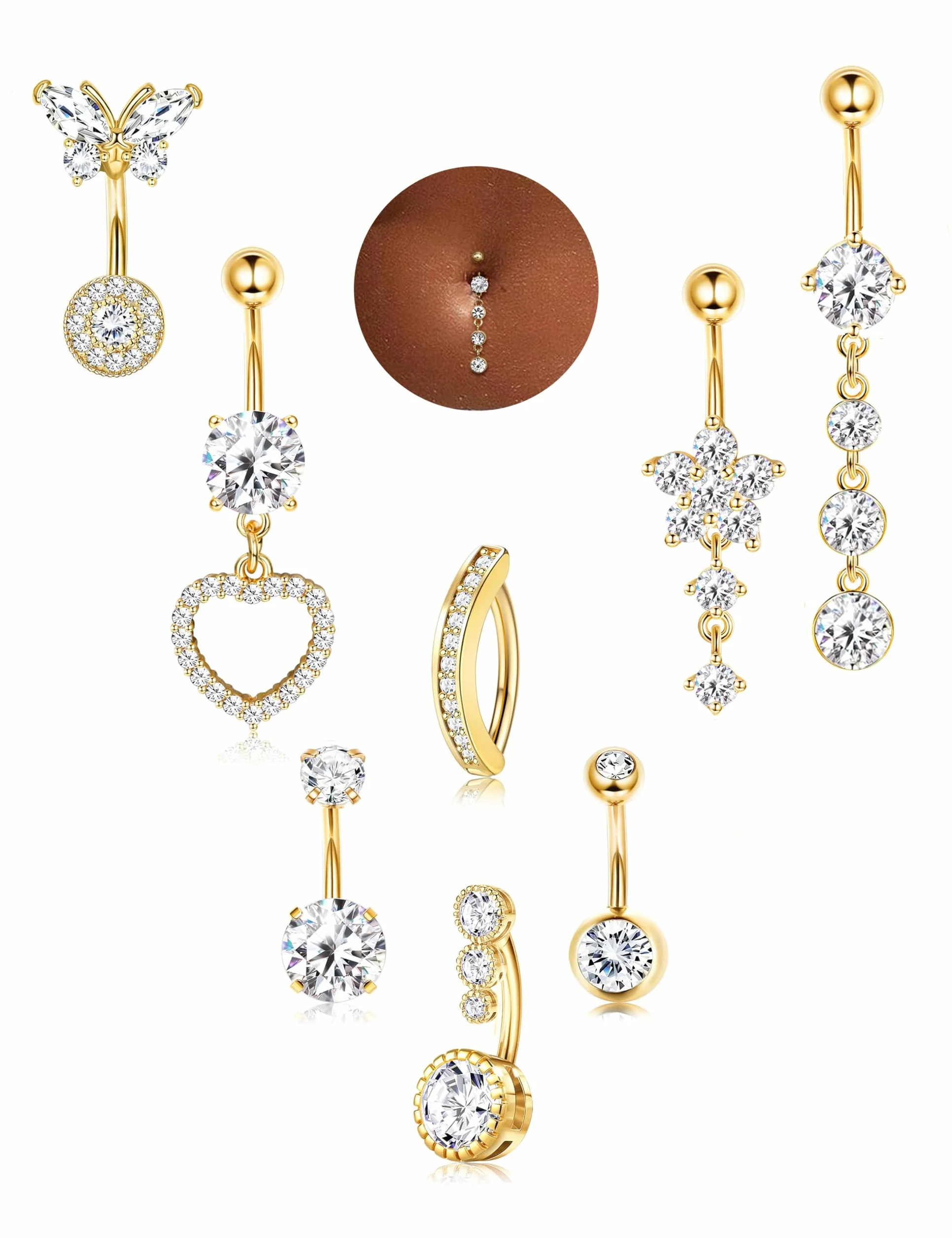 MILACOLATO Piercing Ombelico Acciaio Chirurgico, Set di 8 Navel Piercings, Gioielli Pendenti per la Cute a Fiore, Cuore e Farfalla, Gioielli per Gioiello per l'Addome Clicker per Donne e Ragazze