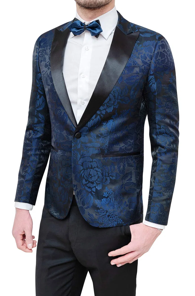 Abito Completo Uomo Blu Raso Damascato Floreale Smoking Elegante Cerimonia