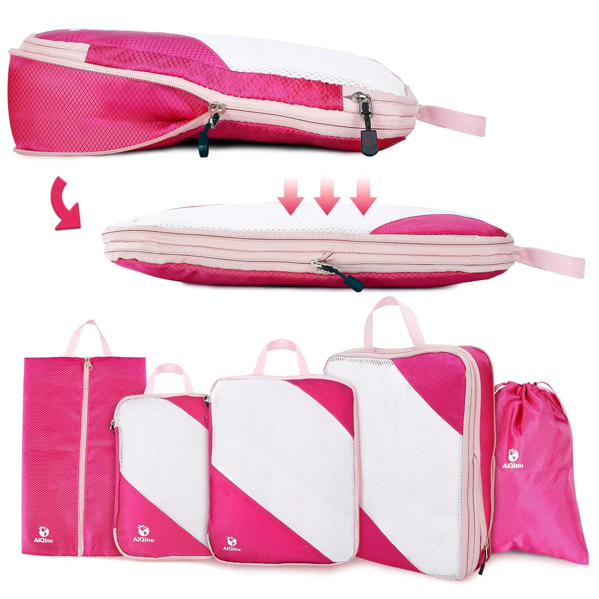AiQInu Organizer Valigia 5 Pezzi Set, Compressione Packing Cube Salvaspazio Espandibile Ultraleggero Viaggio Organizer per i Vestiti,Scarpe,Intimo Set da Viaggio per Zaini o Bagagli a Mano (Rosa)