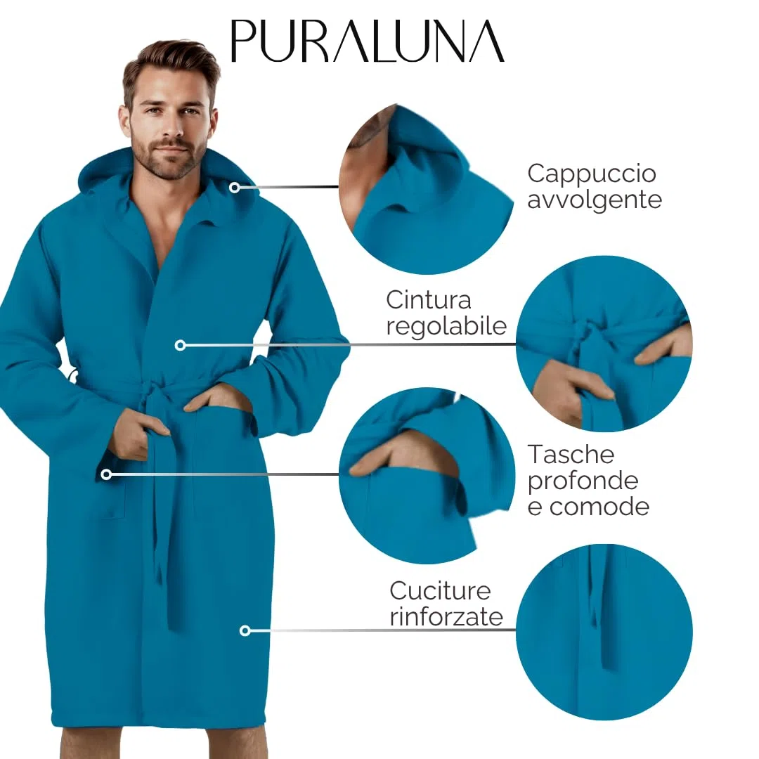 Accappatoio in morbida Microfibra, con Cappuccio, borsetta esterna, unisex