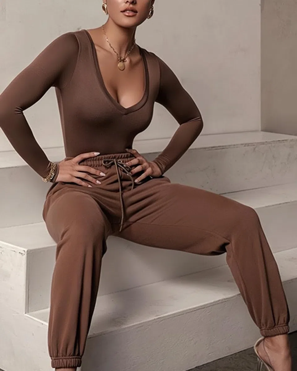 Body Donna Maniche Lunghe Scollatura a V Bodysuit Sexy Body da Donna Manica Lunga Elegante Aderente Tops Morbida Basic T-Shirt Casuale Elasticizzato Tuta Jumpsuits