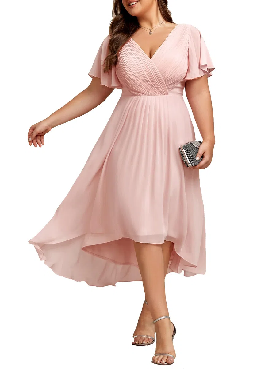 Ever-Pretty A Line V Neck Chiffon Maniche Corte Alto Basso Lunghezza Al Ginocchio Plus Size Abiti da sposa per le donne Curvy 01923-DA