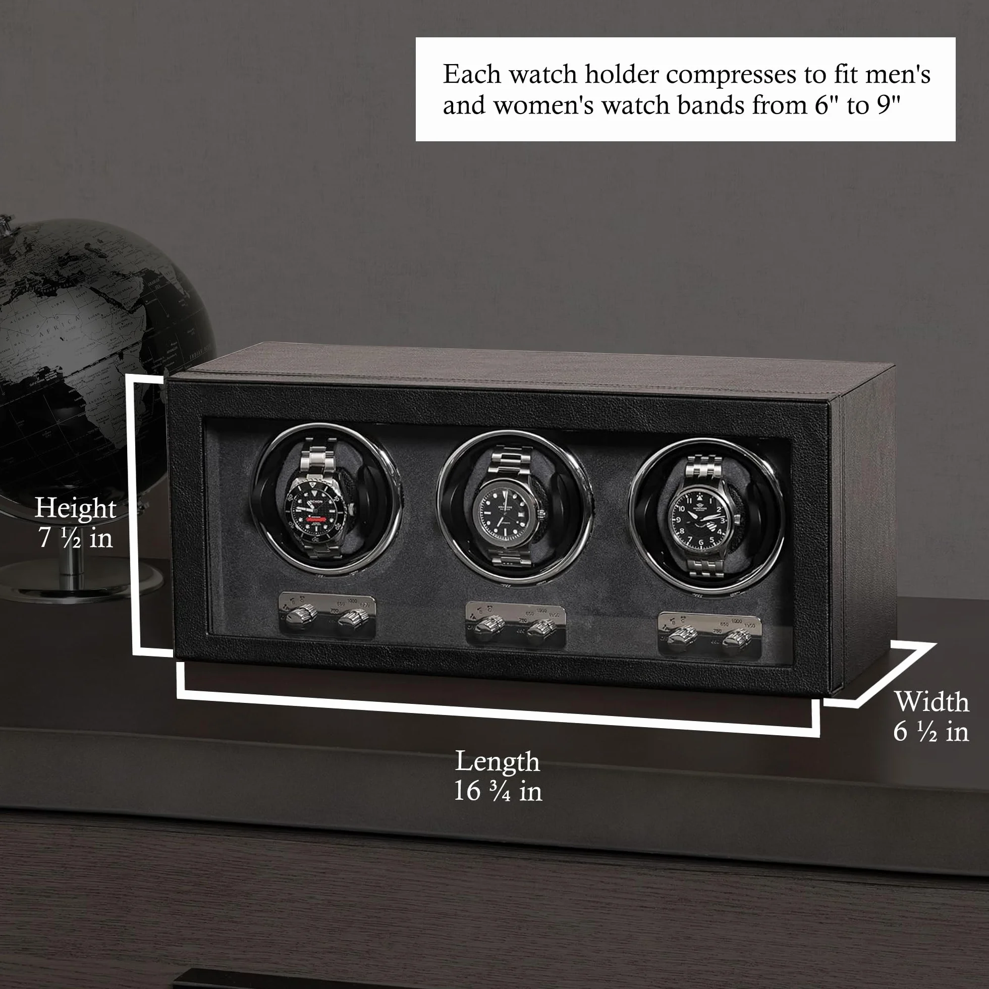 ROTHWELL Triple Watch Winder per orologi automatici con motore silenzioso con velocità multiple e impostazioni di rotazione (Nero/Grigio)