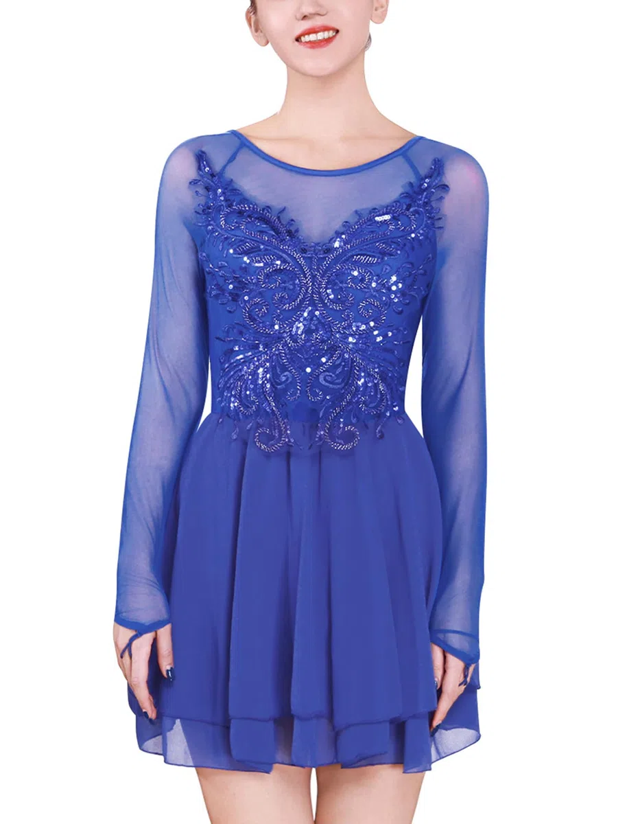 FYMNSI Abito da ballo da donna, pattinaggio artistico, a maniche lunghe, per pattinaggio, concorrenza, da ballo con paillette, fiori in rete, chiffon