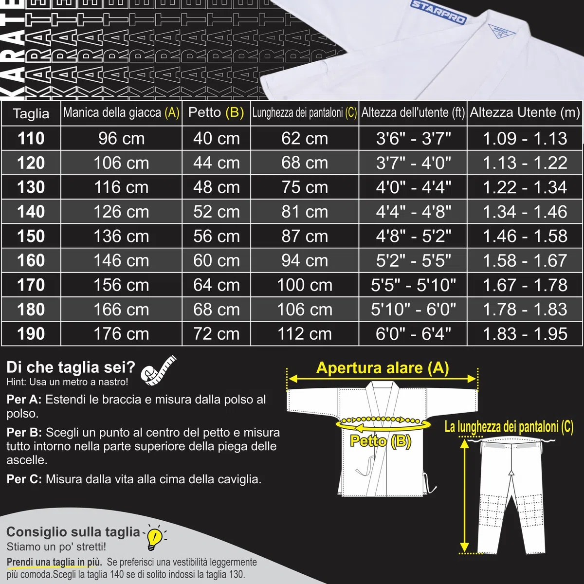 Starpro Tuta Kimono Karate in Cotone Bianco. Uniforme Professionale in Tessuto da Allenamento, Arti Marziali, MMA, Karate, Taekwondo - Uomini, Donne e Bambini - 110-190 cm - Cintura Bianca Gratuita
