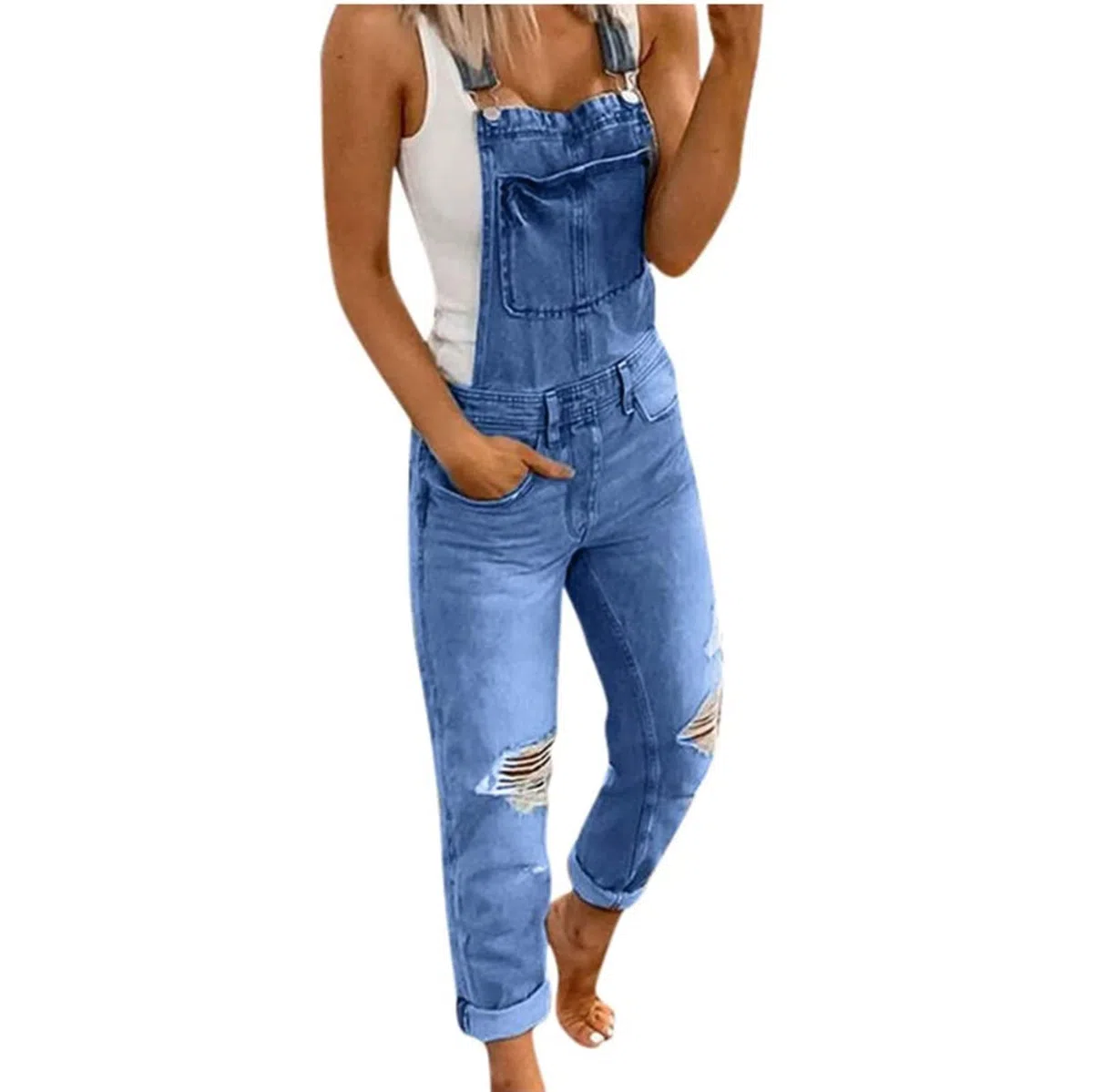 Salopette da Donna Eleganti in Denim Lungo Tuta Estiva Jeans Pantaloni Sexy Tuta Blu Attillata Pantaloni Da Lavoro Salopette Elasticizzata Slim Fit, Casual Moda Retrò Tinta Unita con Tasche Pantaloni