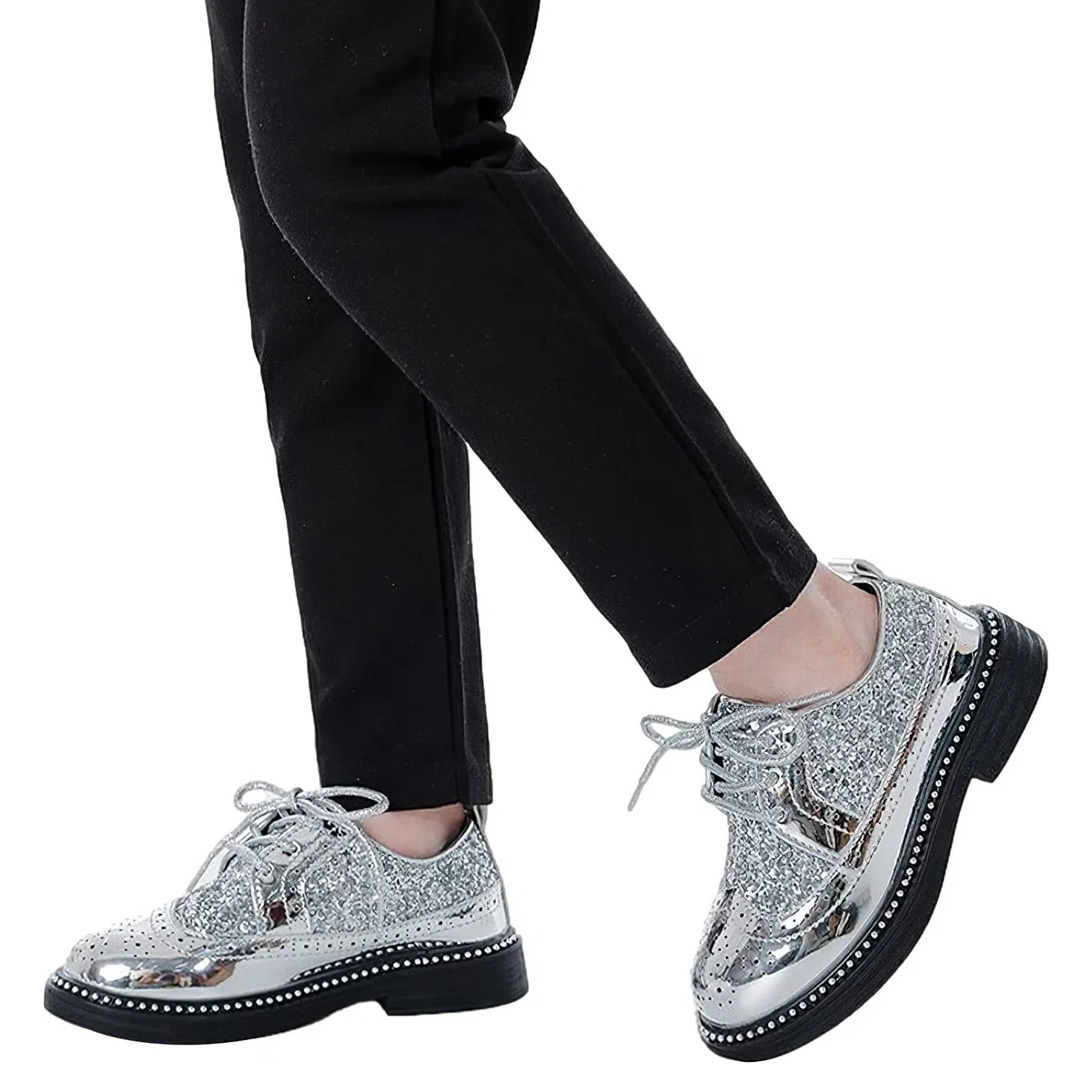 rismart Ragazzi Ragazze Stringata Brogue Oxfords Punta Rotonda Scintillante Paillettes Scarpe da Vestito Formali