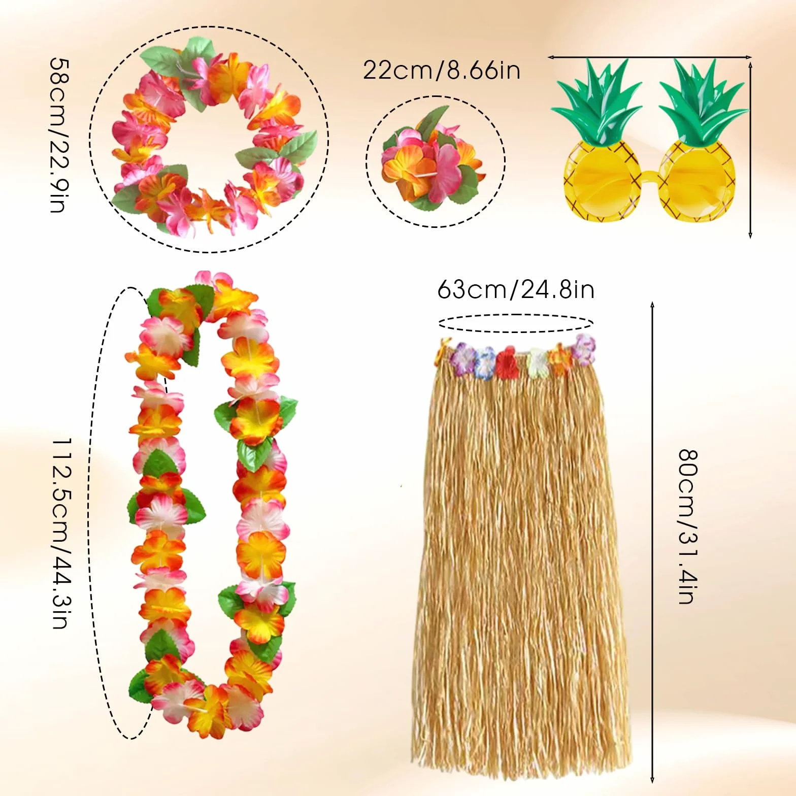 6 decorazioni hawaiane Leis per feste, collane con fiori, bracciali, fascia per capelli, occhiali da ananas, gonna hawaiana per adulti, travestimento per feste in spiaggia, feste notturne e
