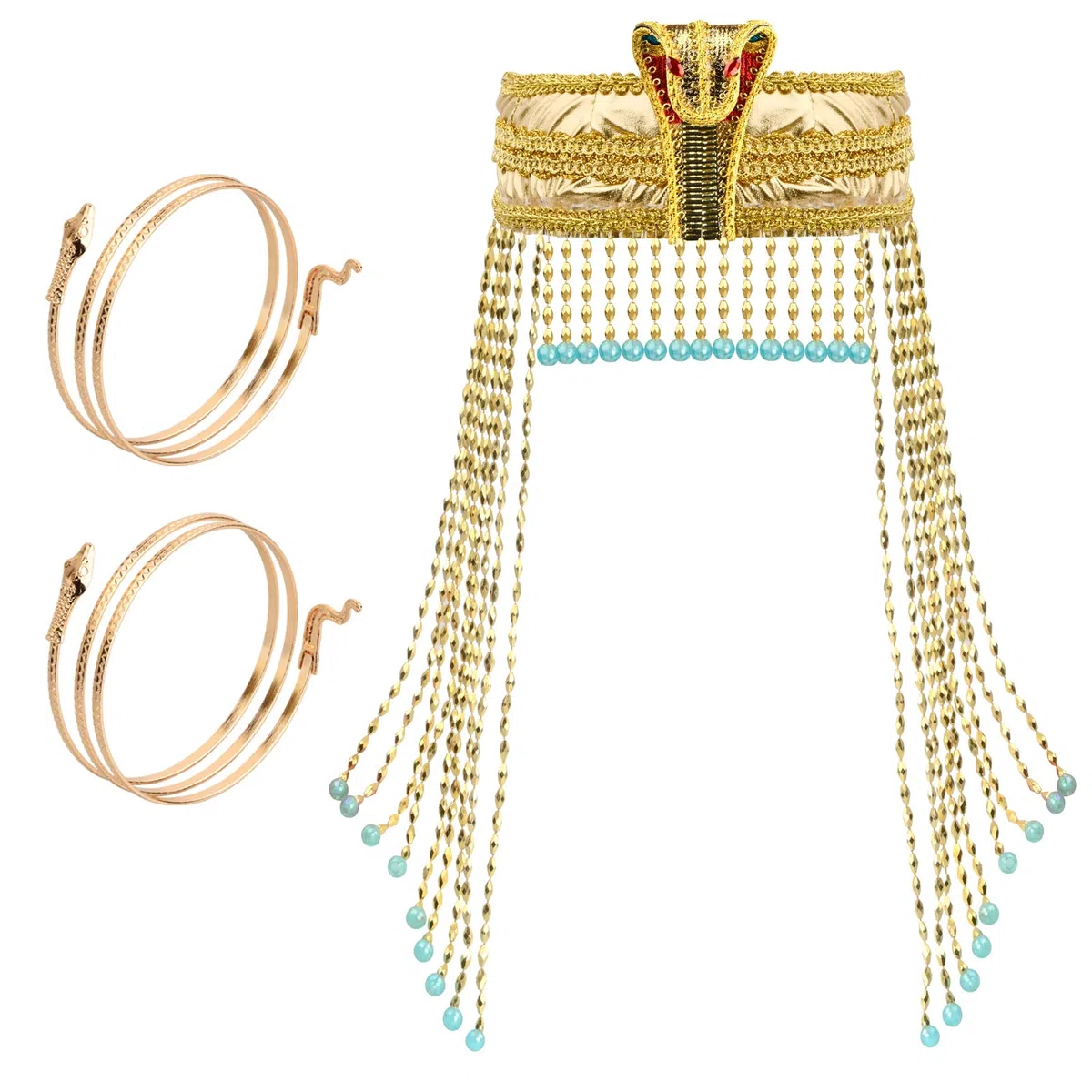 3 Pezzi Accessori Costume Egiziano Copricapo Cleopatra, Bracciale a Forma di Serpente Egitto Medusa Gioielli Egiziani Serpenti Copricapo Oro Accessori Halloween per Donna Ragazze
