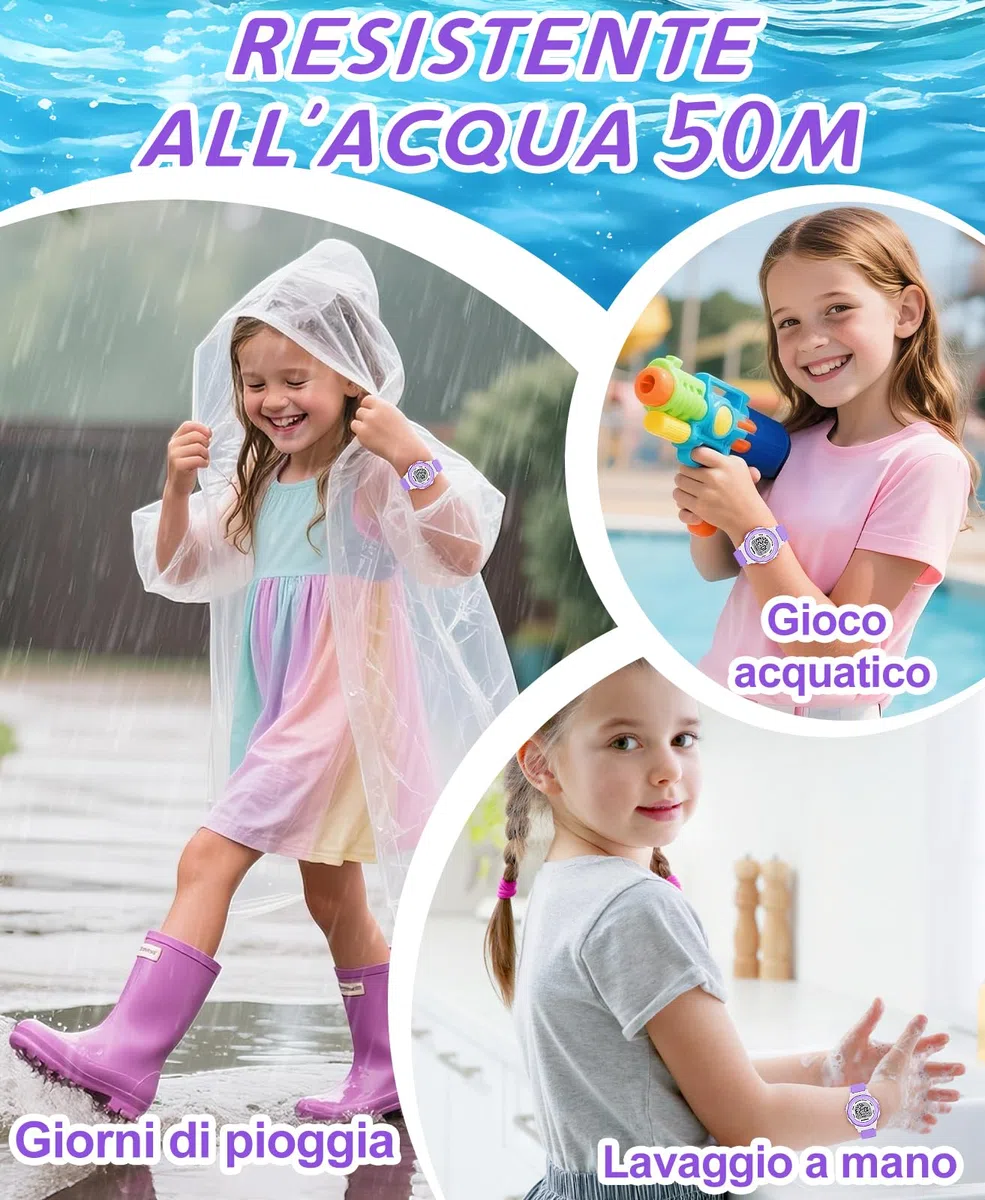 SOCICO Orologio digitale per bambini, resistente all'acqua 5ATM, orologio per bambini illuminato a 7 colori con sveglia e cronometro per bambine e bambini dai 5 ai 12 anni.