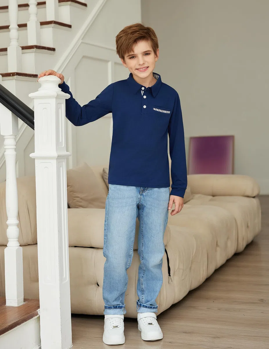 Arshiner Maglietta Polo a Maniche Lunghe per Bambino, Camicia Elasticizzata con Colletto con Dettaglio a Quadri e Taschino, Elegante e Morbida per Scuola e Autunno, 5–12 Anni