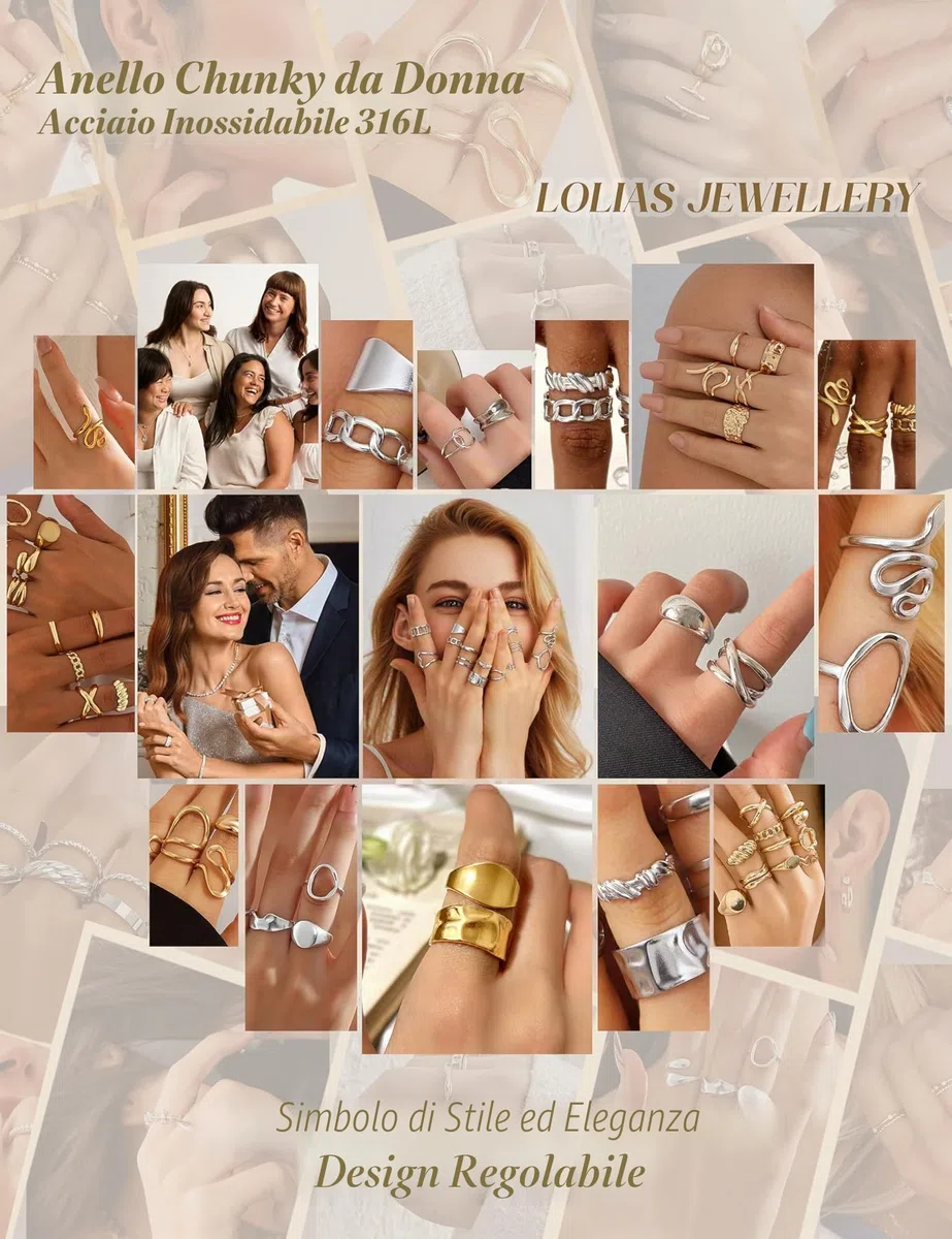 LOLIAS 14 Pezzi Set Anelli Donna Acciaio Inossidabile Anello Regolabili Boho Aperto Minimalista Impilabili Anelli Argento/Oro Mignolo Pollice con Cuore Donna