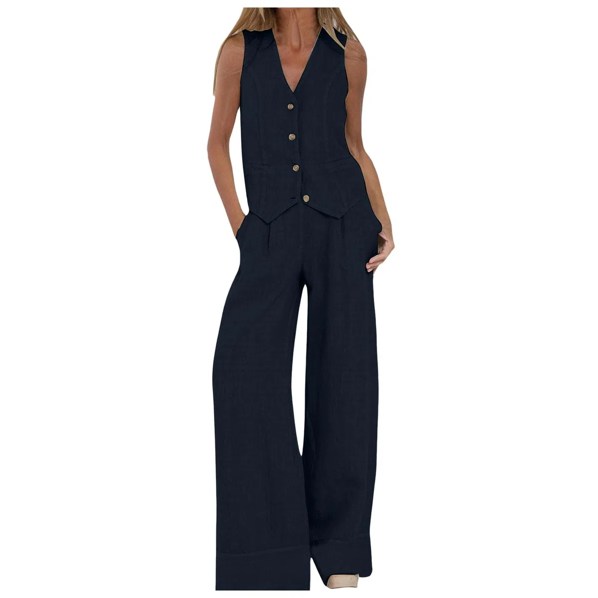 Generico Completo da Donna in 2 Pezzi in Cotone Casual con Gilet e Pantaloni Completi con Bottoni Senza Maniche Camicia e Pantaloni Dritti a Gamba Larga Tasche Blazer Completo Estivo Abbinato da