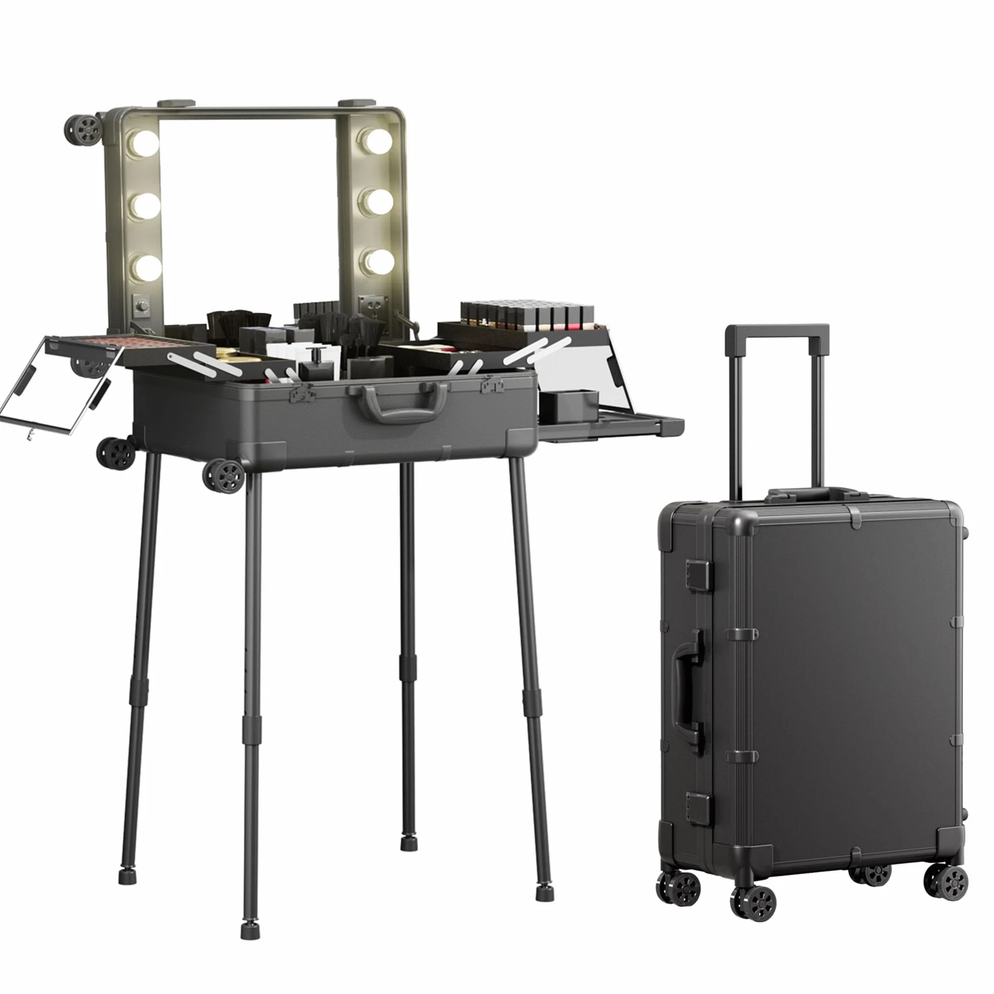 Valigia per il trucco con ruote in alluminio, grande specchio con 6 lampadine, organizzazione di cosmetici con serratura a codice, stazione per trousse trucco pieghevole per viaggio e studio