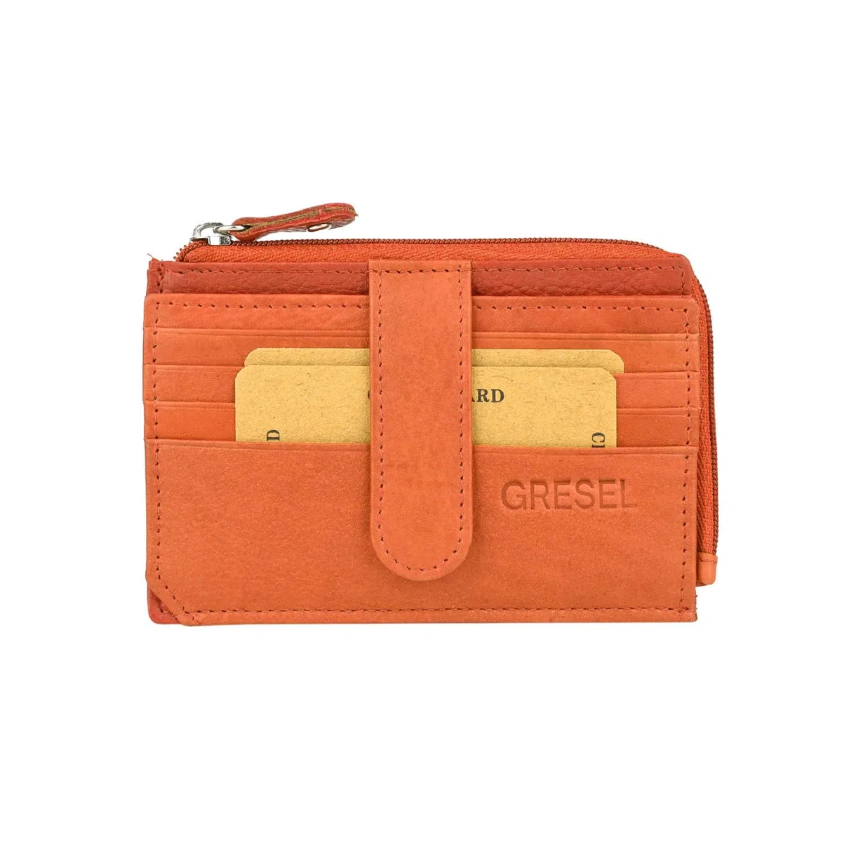 Portafoglio Sottile Unisex, Portacarte Vera Pelle Conciata al Vegetale, Tasca Zip Monete, Arancione