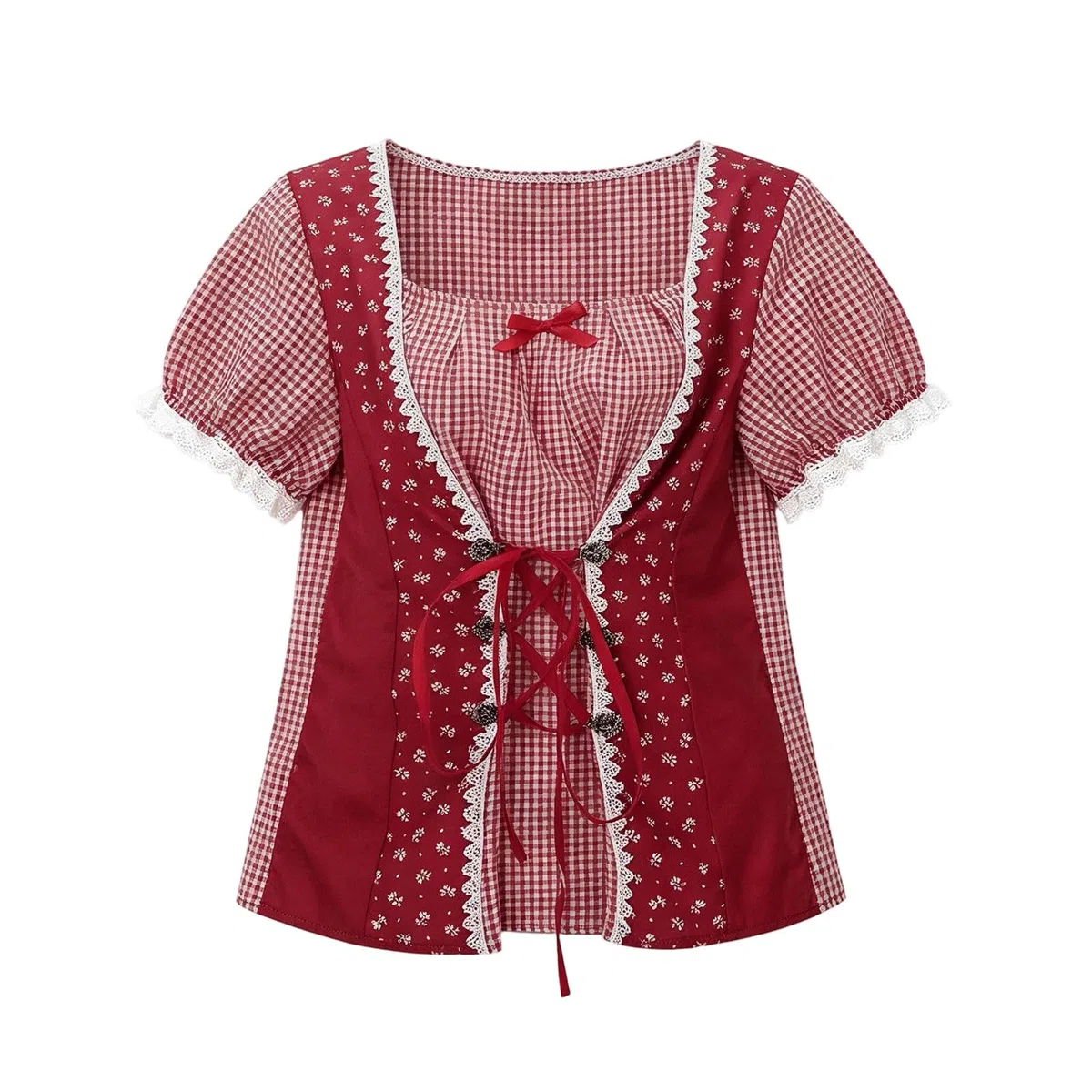 Generico Camicia Bambina A Quadri Stile Bavarese Oktoberfest Blusa Top con Volant Farfalla Brette Pizzo Maniche Corte Elegante Carina per Feste Uniforme Scolastica Uso Quotidiano