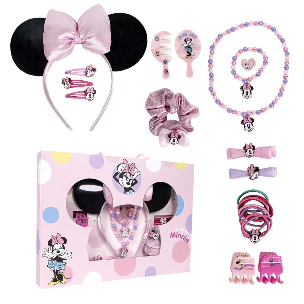 Set Accessori Capelli e Bellezza Minnie Disney per Bambine con Cerchietto Orecchie Elastici Mollette Specchio Pettine e Bijoux Idea Regalo 3+ 25 x 34 cm