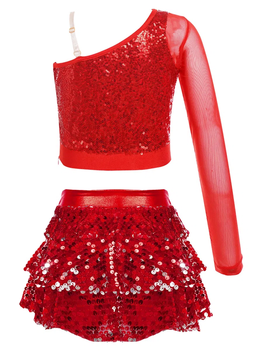 YiZYiF Tute da Jazz Hip Hop Bambina Completi Set 2 Pezzi da Danza Paillettes Maglia Top da Ballo con Gonna Moderna Classica Dancewear