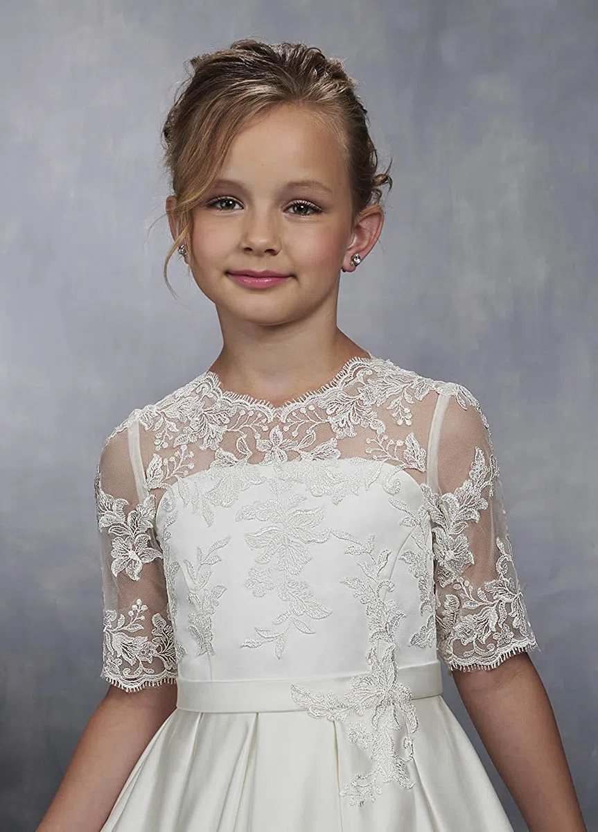 Abito da Prima Comunione da bambina, a mezza manica, in raso di pizzo, formale, bianco, con fiori, per matrimonio in chiesa