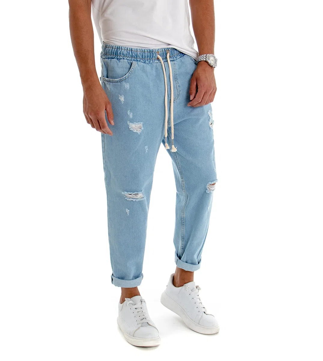 Pantalone Uomo Jeans Tinta Unita Rotture Elastico Coulisse