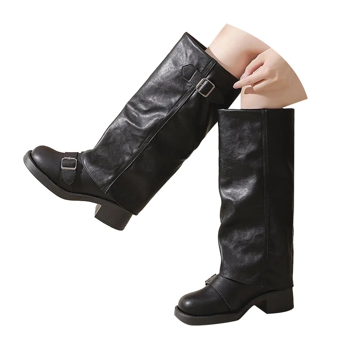 Generico Stivali Donna con Tacco Invernali Autunnali Texani Cowboy Stivaletti Alti Stivali al Ginocchio Stivaletti Punta Stivaletto Wide Fit con Plateau Blocco scarpe Gamba Larga in Pelle