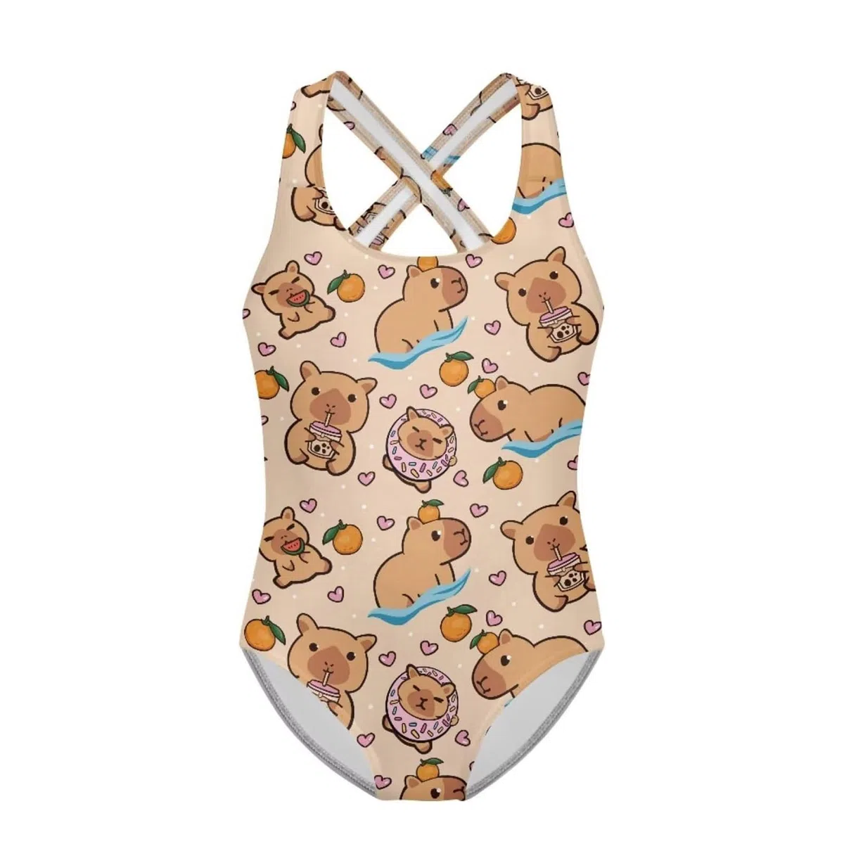Generico Costume Nuoto Bambina Intero con Schiena a Croce, Stampa con Capibara, Fragole e Cuori, Tessuto Elasticizzato per Piscina, Mare, Vacanze e Feste Tematiche