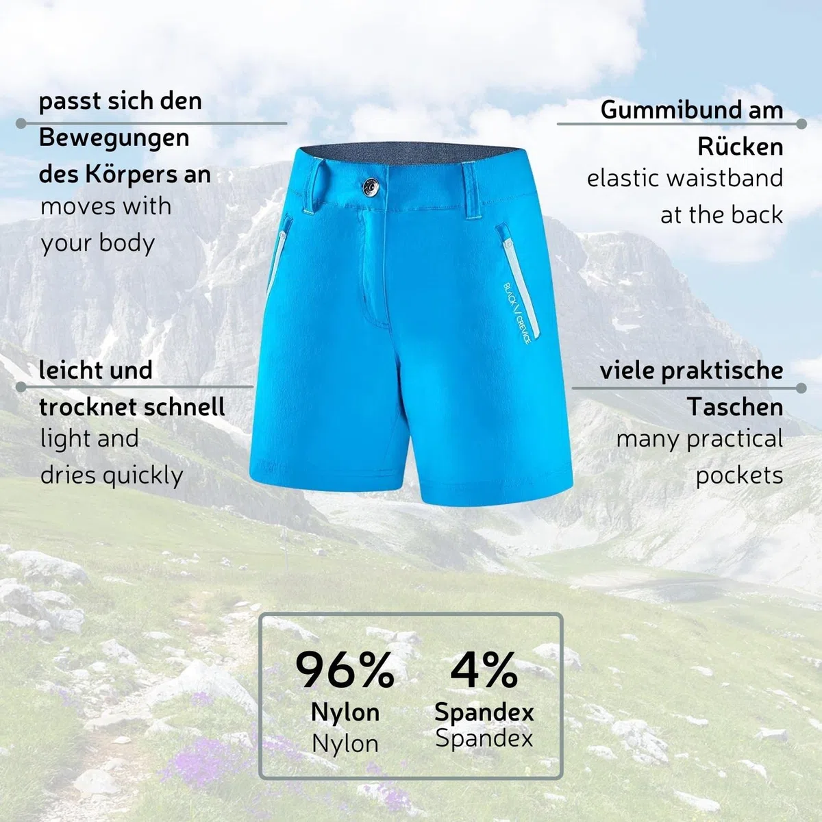 Black Crevice, Pantaloncini Corti da Donna, da Trekking, da Donna, Corti, da Trekking, da Donna, con Elastico in Vita sulla Schiena, Resistenti e Traspiranti