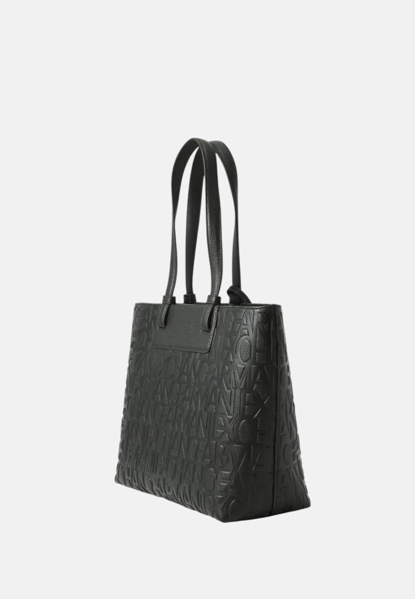 Armani Exchange Women's Liz Patent Embossed Logo Texture Shopping Bag, Black, TU