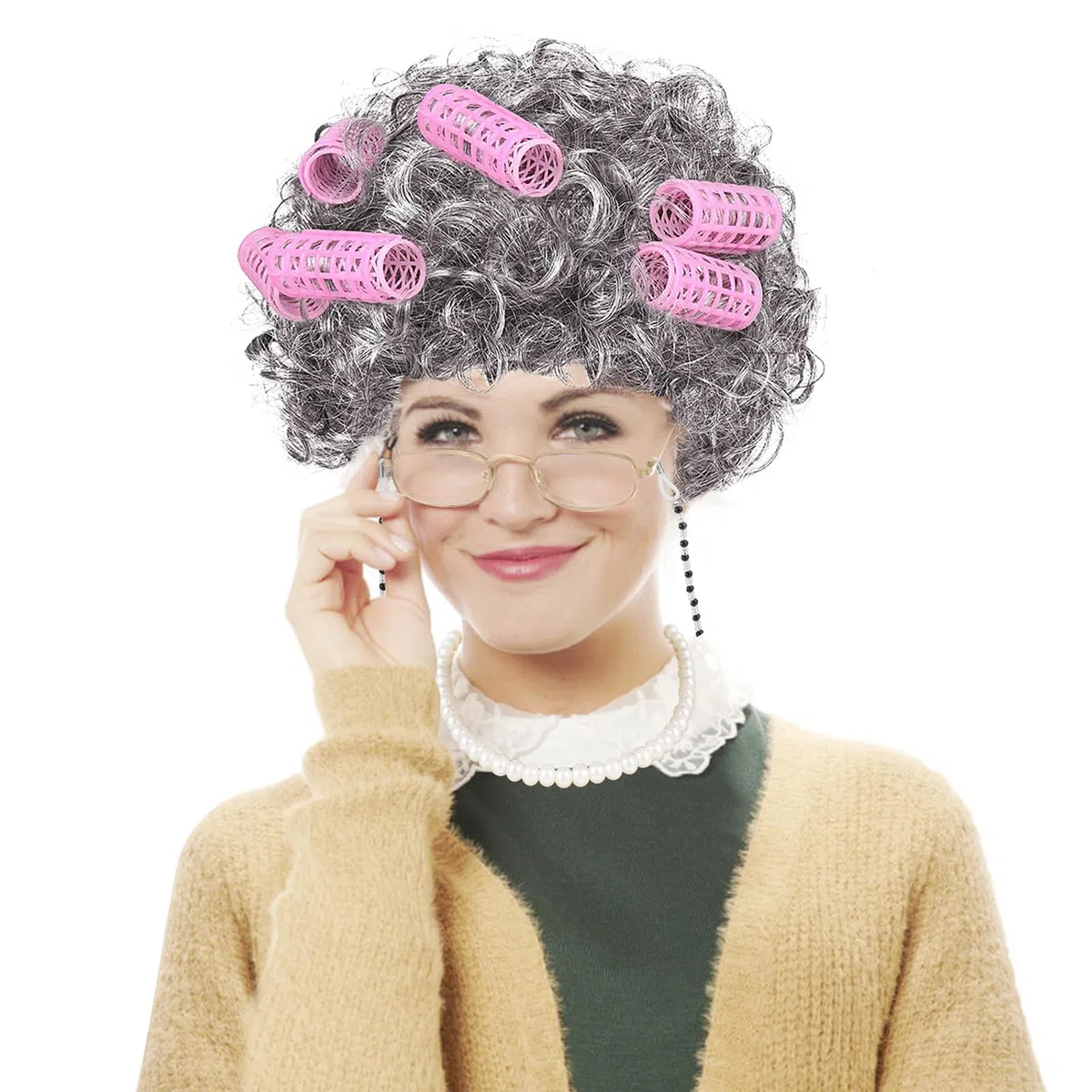 XEPST Granny Vecchia Signora Accessorio Parrucca Cosplay con Parrucca Grigia Bigodino, Occhiali Nonna, Occhiali Catena, Gioielli di Perle, Costume Set Cosplay per Carnevale