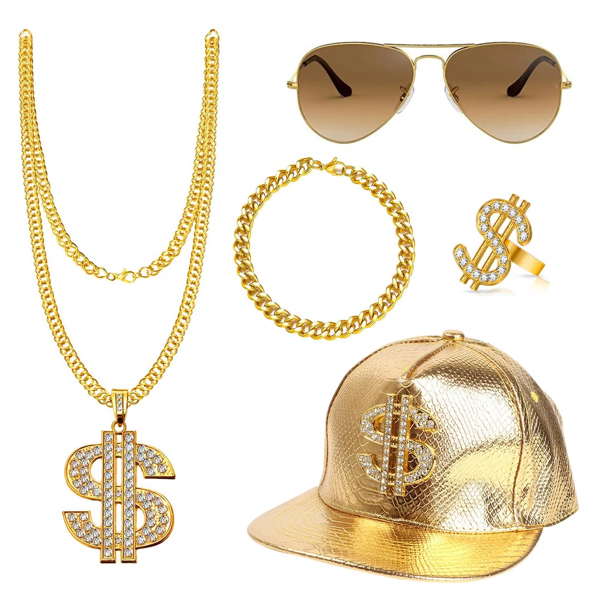 Vestiti anni 80 and anni 90 accessori 5 pezzi set collana dollaro bracciali anelli occhiali da sole cappelli Adatto per vestire il Martedì Grasso accessori anni 80