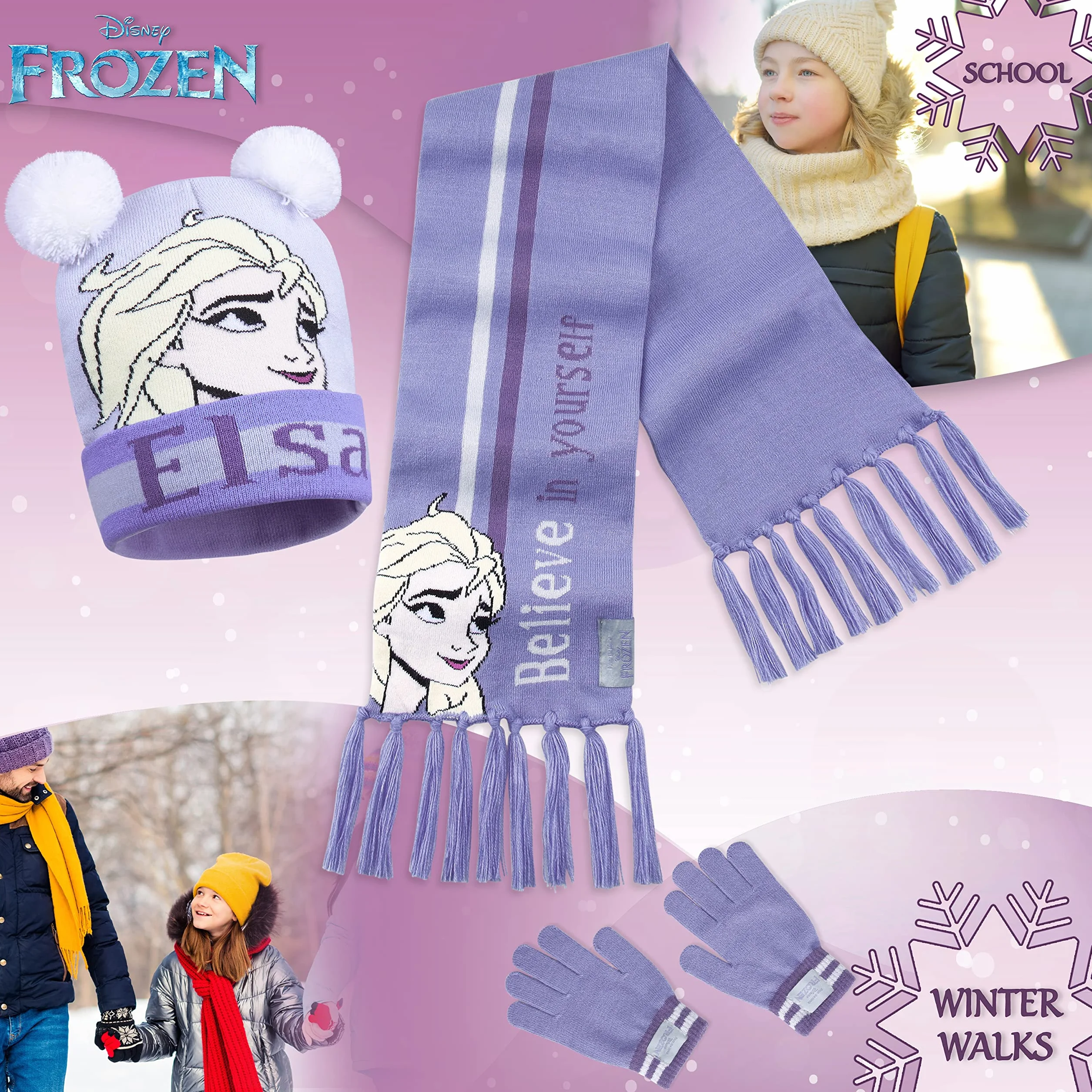 Disney Cappello Bambina Elsa Frozen, Set Invernale Cappello, Sciarpa, Guanti
