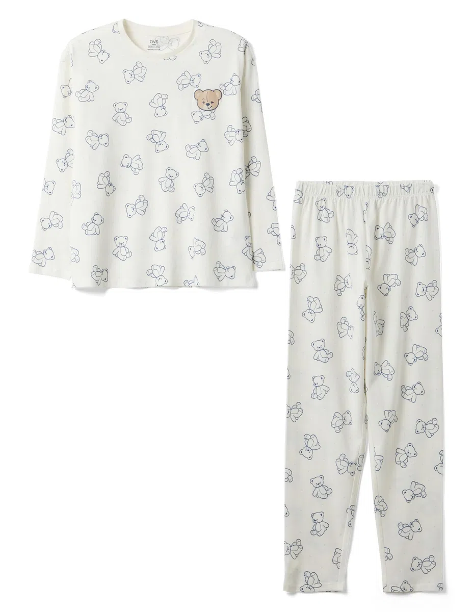 OVS Kids Pigiama in Puro Cotone Bianco da Ragazza Regular Fit con Orsetti