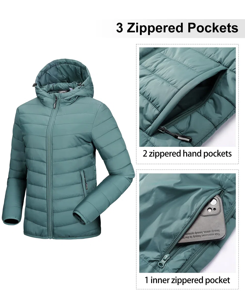 Outdoor Ventures Giacca trapuntata da donna, leggera, avvolgente, calda, con cappuccio, foderata, con tasche, per il tempo libero, le escursioni, i viaggi