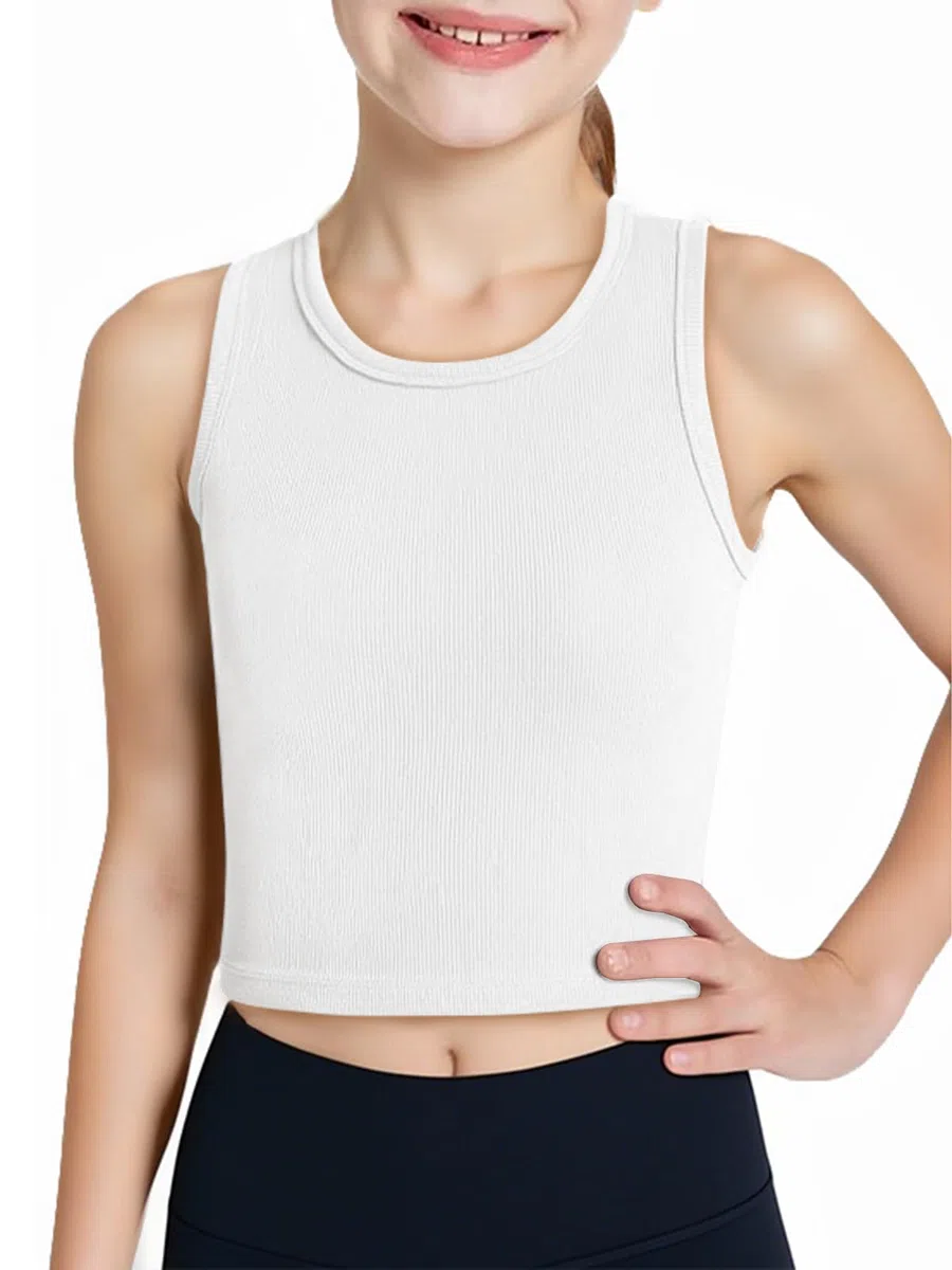 Haloumoning Canottiera da bambina per bambini, a costine, senza maniche, crop top basic 5-14 anni