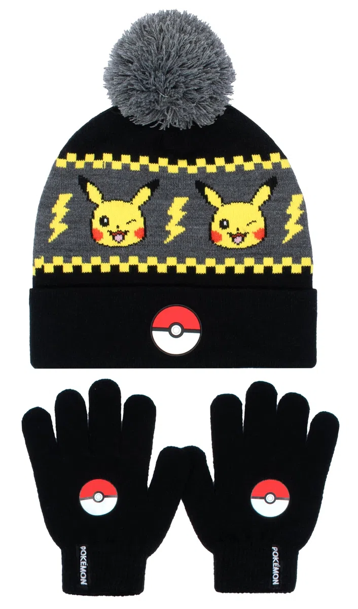 Pokemon - Winter Warm & Comfy Beanie Hat & Gloves Set for Boys - Pikachu Design - Perfect for Boys 6-12 Years