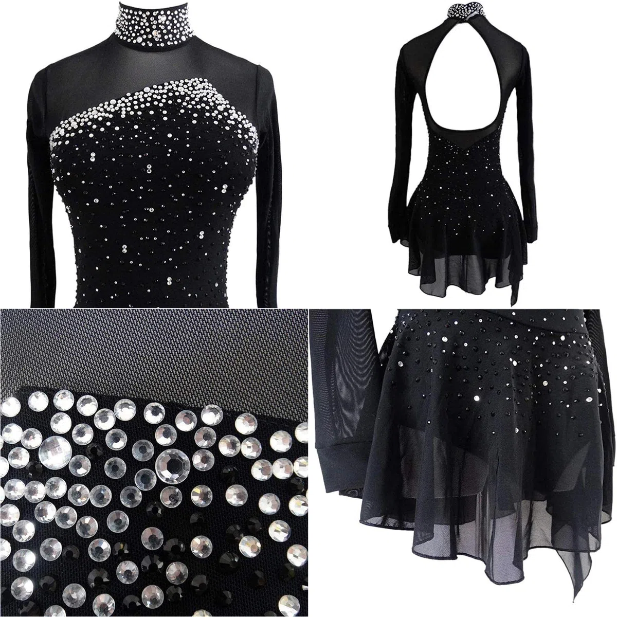 ZEDDG Vestito Pattinaggio Artistico Bambina con Strass Abito da Ballo Latino Danza Balletto Body da Ginnastica per Donna,Black 1-M